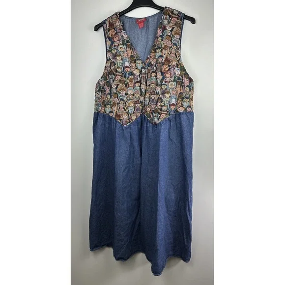 Vtg 90s Venezia Jeans Children Around The World Denim Maxi Dress Plus Size 22/24 - Picture 4 of 16